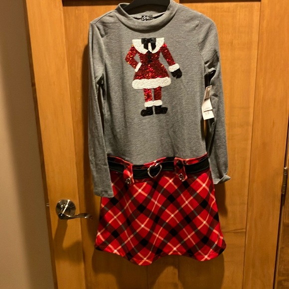 NWTPink & Violet Long sleeve Christmas Dress w/ Sequin santa plaid skirt G 14/16 - Picture 1 of 6